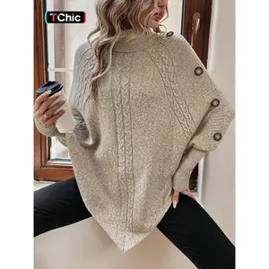 Women's Plain Fake Buttons Batwing Sleeve Sweater, Casual Long Sleeve High Neck Jumper for Fall & Winter, Fashion Ladies' Knitwear for Daily Wear