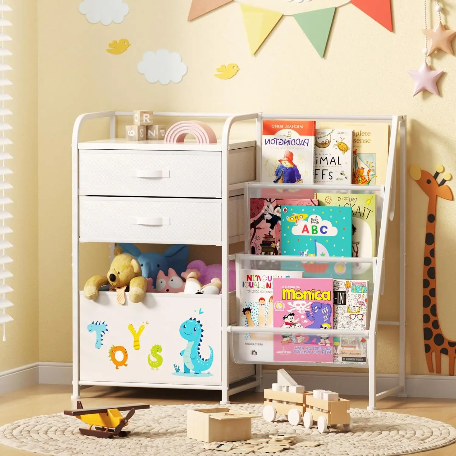 3 Tier Bookshelf with Movable Toy Box, Montessori Bookcase with 2 Drawers, Toy Organizer for Playroom, Bedroom