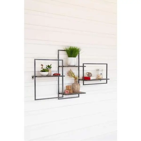 Multi Level Wood And Metal Wall Shelf