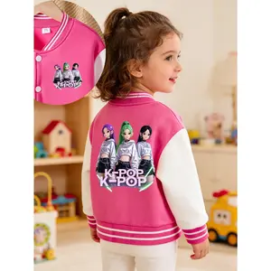 Toddler Girls Cropped Color Block Varsity Jacket with K-Pop Singer Style Colorful Hair Print, Warm Soft Fleece, Great for Spring, Fall & Winter Outdoor Activities, Ideal Baby Gift