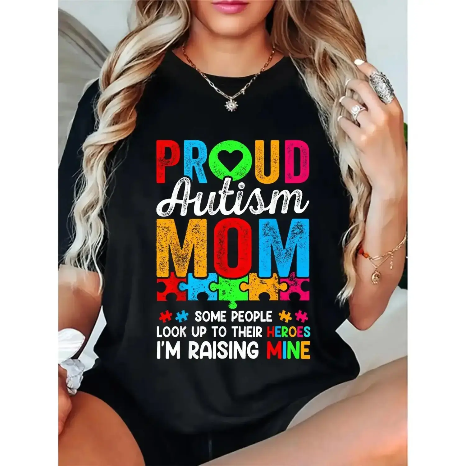 [Autism Support Tee] Autism Awareness T-Shirt | Autism Mom Raising Mine Hero, Colorful Puzzle Piece & Heart Design, Soft Breathable Fabric, Regular Fit Short Sleeve Tee for Women & Men