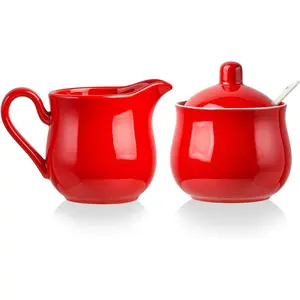 12 OZ Ceramic Sugar and Creamer Set, Coffee Serving Set, 3 Piece Cream Pitcher Sugar Bowl with Lid and Spoon (Red)