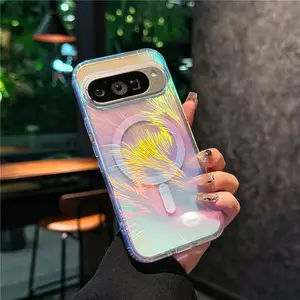 Suitable for Google Pixel 10/9 series magnetic anti drop phone case 9Pro/Pro XL laser color changing feather texture four corner shock-absorbing simple and fashionable design, multi-color optional 9A Shockproof Phone Cover
