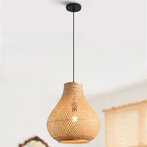 15 Inch Troy Bohemian Handwoven Bamboo Island Pendant Light, Natural Woven Bamboo Boho Farmhouse Hanging Ceiling Lamp for Kitchen Island Dining Room Foyer