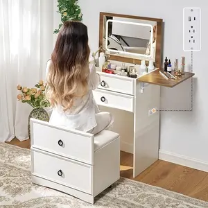 AMERLIFE 3-in-1 Makeup Vanity with Sliding Stool, Fold-up Panel, Divided Storage & Power Port, Farmhouse Makeup Table with Adjustable LED Light, for Small Space/Best Gift Ideas/Christmas Gifts