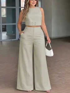 Tiktok Viral Two Piece Set for Women, Womenswear Crop Sleeveless Top & High Waist Wide Leg Pants, Casual Chic for Vacation, Brunch, Day to Night Wear