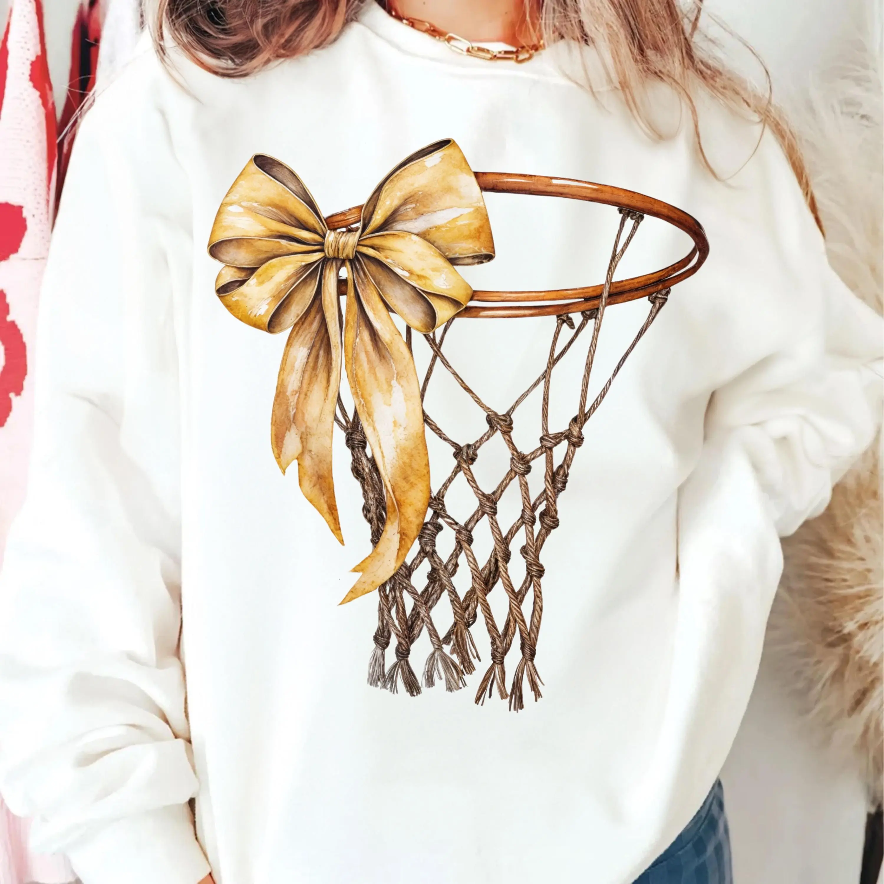 Basketball Hoop Gold Bow Sweatshirt, Vintage Watercolor Game Day Gift Sweater, Cozy Rink Side Pullover for Her, Elegant Net Ribbon Crewneck, 100% Cotton, Made in USA