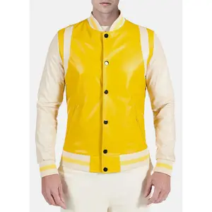 Mens Yellow Beige Leather Varsity Jacket
