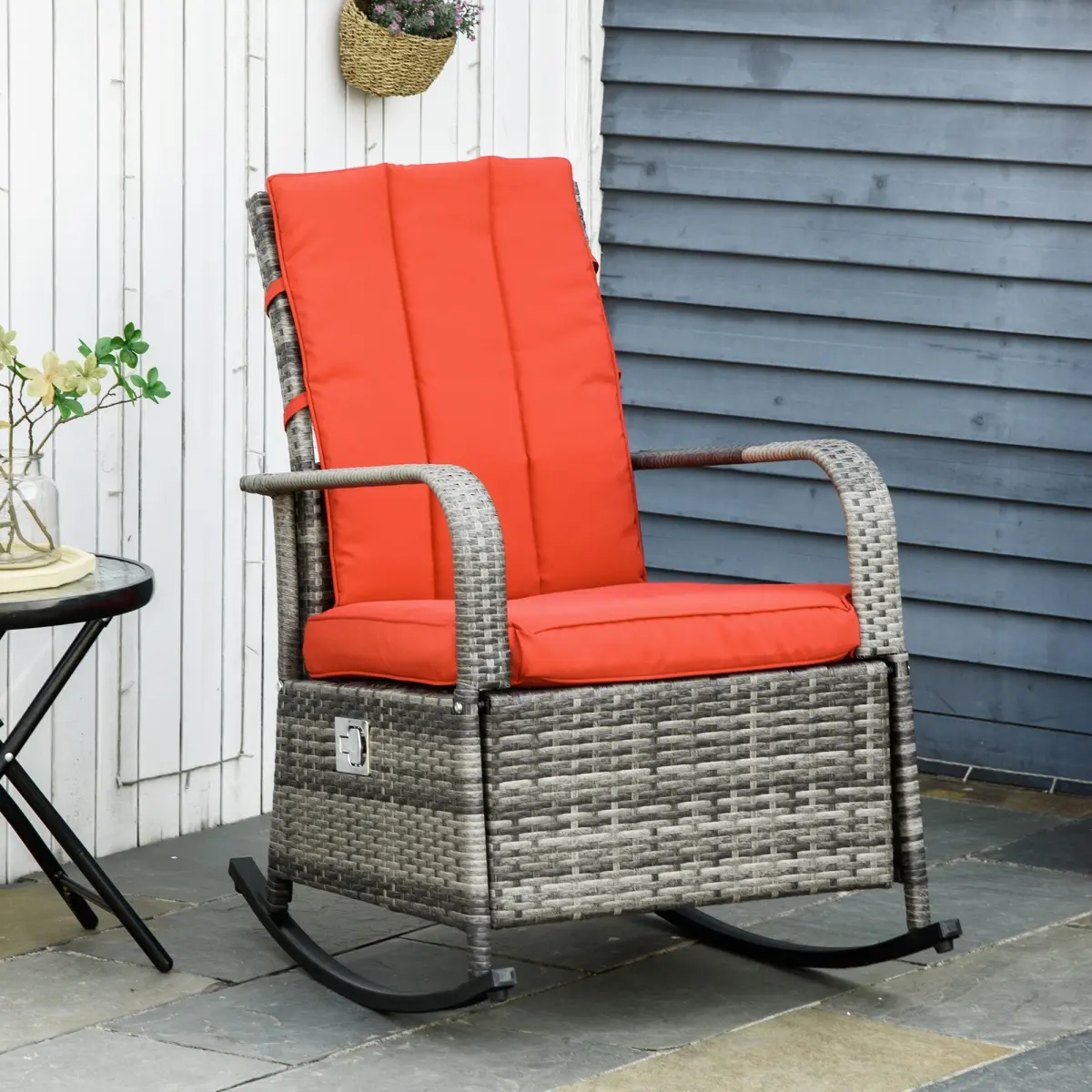 212 Main 867-055RD Outsunny Wicker Rocking Chair Outdoor Recliner Chari with Soft Cushion, Red