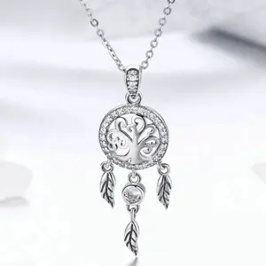 Authentic 925 Sterling Silver Tree of Life Dream Catcher Necklace + Stud Earring