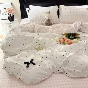 Sweet Princess Style 3-Piece Polka Dot Bedding Set, Includes 1 Duvet cover and 2 Pillowcases without filling, Duvet cover with zipper Bows Decor Soft Breathable Fabric