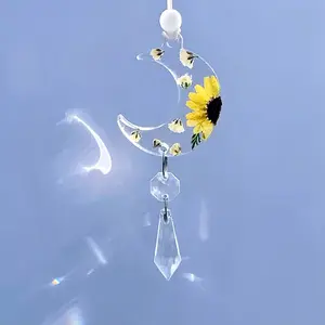 Floral Crescent Moon Car Charm, Sunflower Crystal Suncatcher, Auto Rear View Mirror Accessories, BOHO Minimalist Dainty Decor, New Car Gift