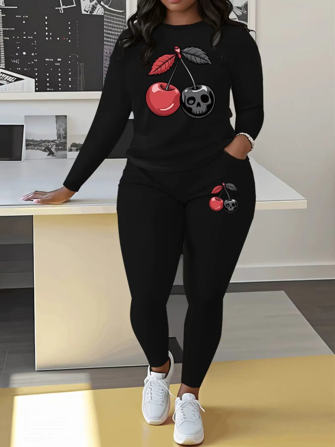 Women's Fall Winter Fitted Plus Size Skull Cherry Print Long Sleeve Casual Pocket Jogger Pants Two-Piece Set, Elegant Style