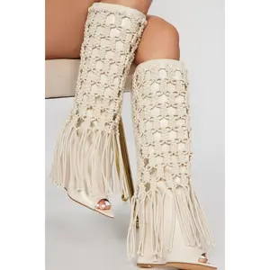 Summer Crochet Knee High Boots - Cream K