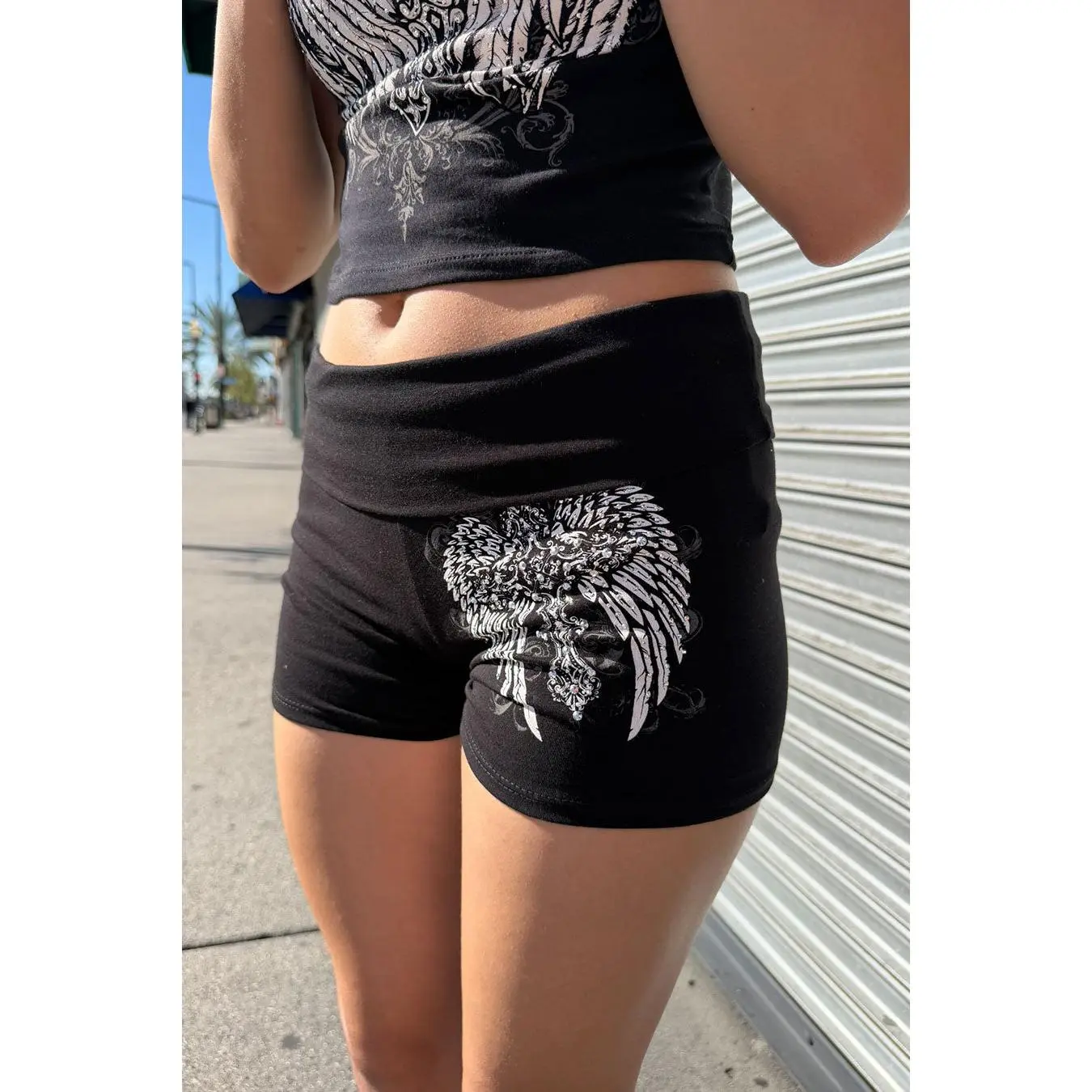 Y2K McBling Cross & Wing Graphic Rhinestone Print Fold-Over Shorts