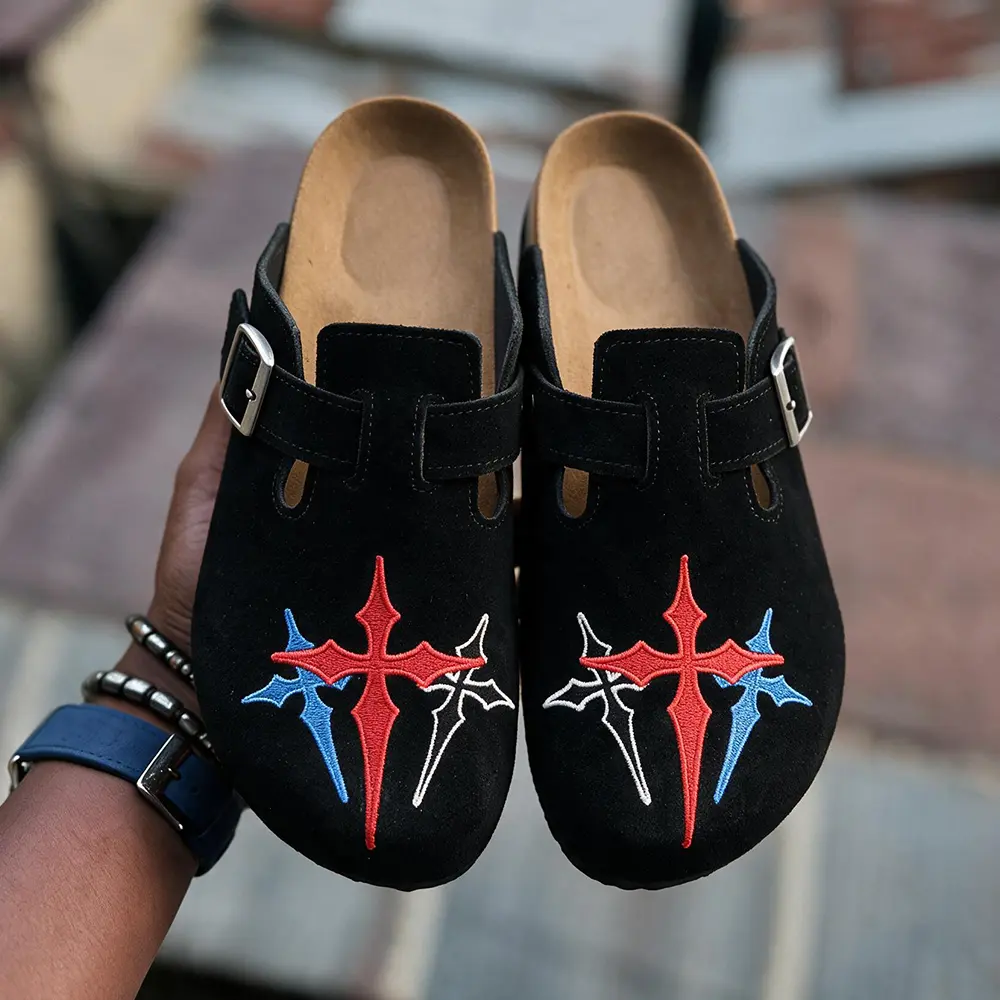 Gothic Cross Embroidered Suede Mules - Streetwear Ready  All-Day Comfort Cork Footbed Clogs for Men