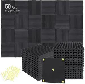 Soundproofing Focusound 12 Grooves 50 Packs Noise Reduction Foam Panels 1" x 12" x 12" with 300PCS Double-Side Adhesive. Noise-Cancelling Foam Panels optimize sound quality for room decoration, ideal for creators, streamers, and gamers. Room Accessories.
