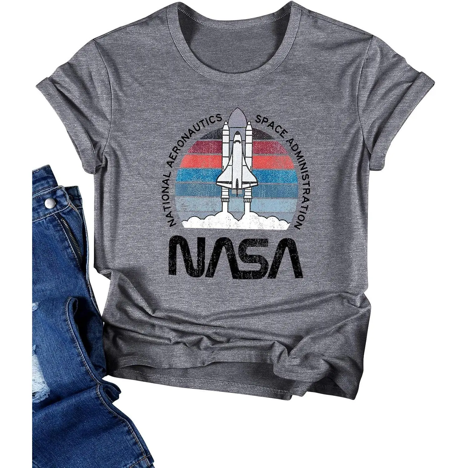 Ezcosplay Women’s Cute NASA Shirt Vintage Space Shuttle Graphic T-Shirt Short Sleeve Tee Tops