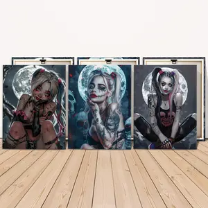 3 Counts Wooden Framed Canvas, Cool Punk Gothic Girl Moonlight Art Images, Exquisite Poster, Perfect Living Room Decoration, Modern Art, Fashion Family Poster, Wall Art Decoration, Waterproof Art