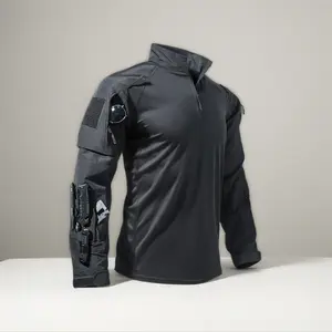 Men's Tactical Long Sleeve Shirt Breathable Durable with Small Stand Collar Velcro Cuffs Pockets Machine Washable for Outdoor Training Combat Gear