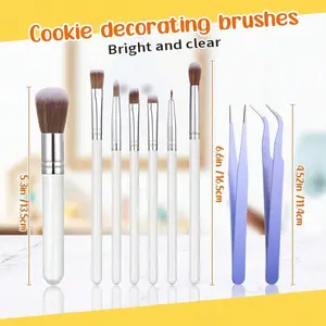 9pcs Cake Candy Decorating Brushes Tools Cookie Decoration Brushes Pastry Brush And Stainless Steel Tweezers Straight And Curved Tip Tweezers Pasta Tweezers For Baking Fondant