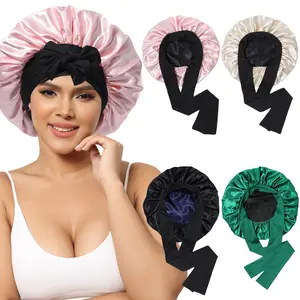 AWAYTR Double Layered Two Color Satin Bonnet Women's Silk like Bonnets for Sleeping with Tie Band Curly Hair Care Night Cap Gifts