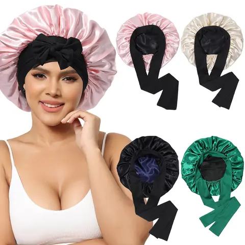 AWAYTR Women's Double Layer 2-Color Satin Bonnet - Female Fashion Haircare Cap with Elastic Broad Bands, Anti-Frizz, Moisturizing, Tie Band, Hand Washable Adult Sleeping Night Cap Gift Option