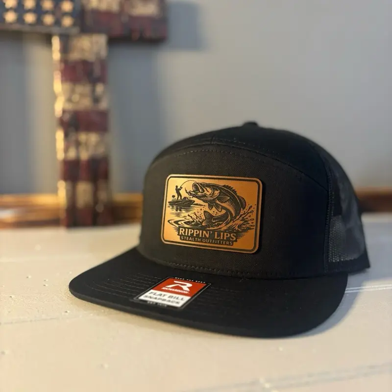 Rippin' Lips Trucker Hat - Black Richardson 168 Mesh Cap with Leather Patch for Outdoor Enthusiasts