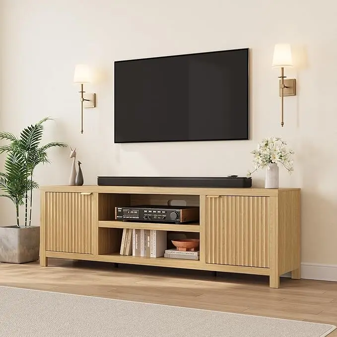 GARVEE Fluted Entertainment TV Stand for 80-Inch TVs, Modern Storage Furniture with Fluted Door & Gold Handle for Living Room, Natural Oak