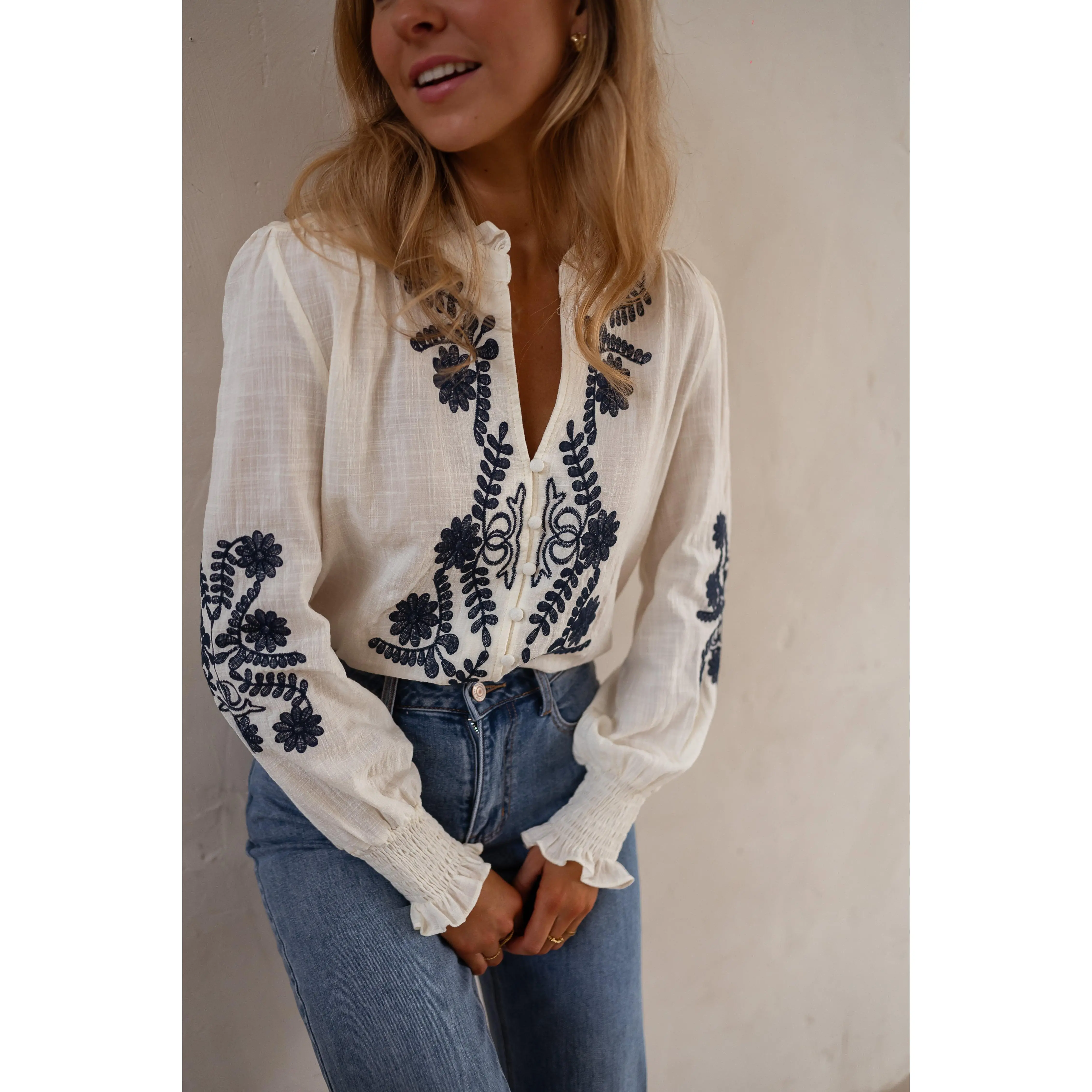 Ecru and Blue Embroidered Salome Blouse
