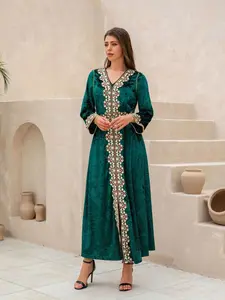 Women's Embroidery Knot Back Dress, Modest V Neck Long Sleeve Dress for Party Wedding Guest, Ladies Islamic Clothing for All Seasons