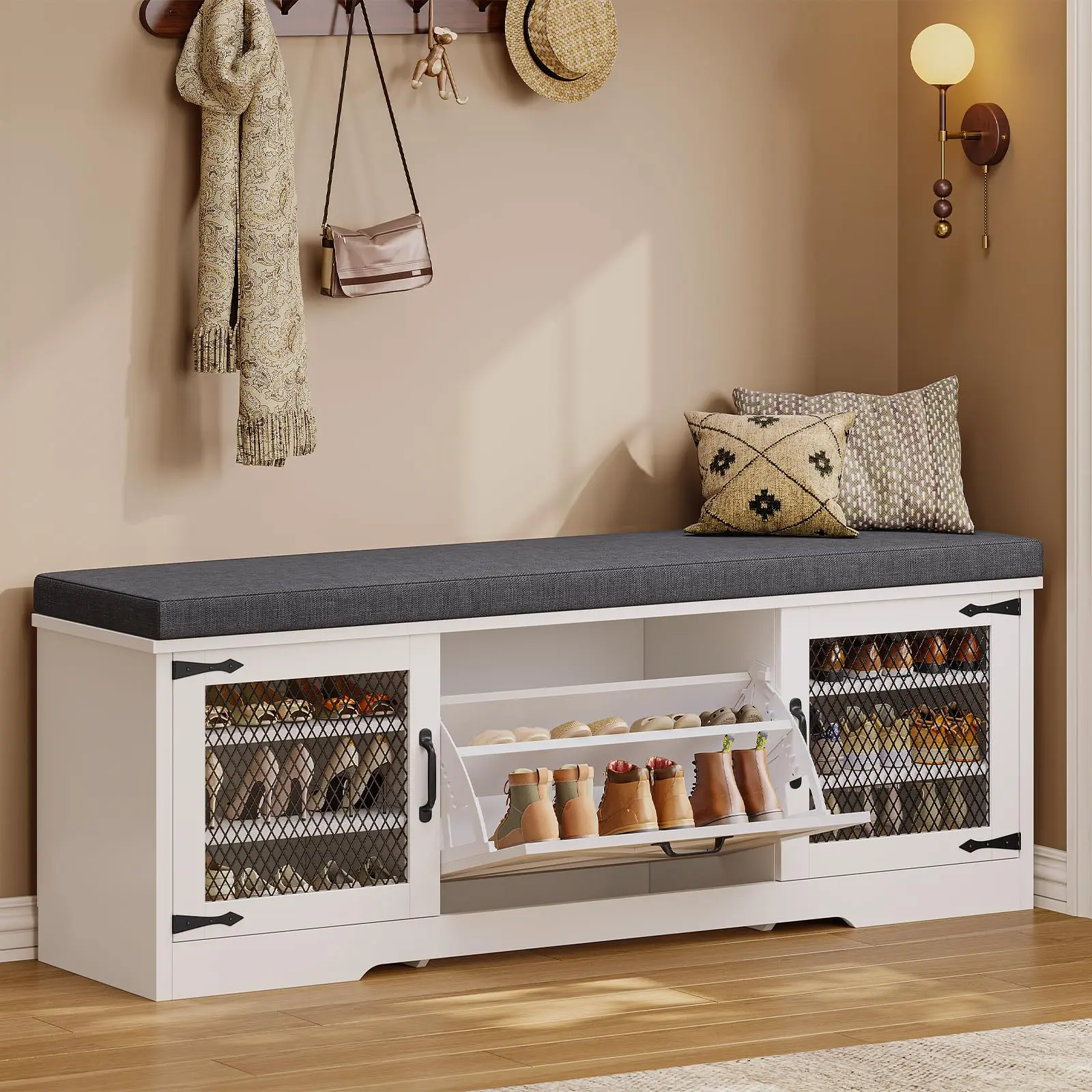 57in Shoe Bench with Flip Drawers & Cushion, Farmhouse Shoe Storage Cabinet with Barn Door, Adjustable Shelf, Half Hidden Shoe Rack Organizer for Entryway, Bedroom, Living Room, White