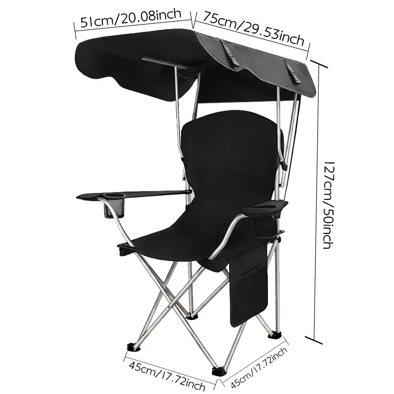 Heavy Duty Folding Camping Chair - 600D Oxford Fabric, Waterproof Outdoor Gear with Sun Canopy, Cup Holder, Side Pocket, Washable for Backyard, Beach, Patio Use, Camping Chairs, Backyard Patio