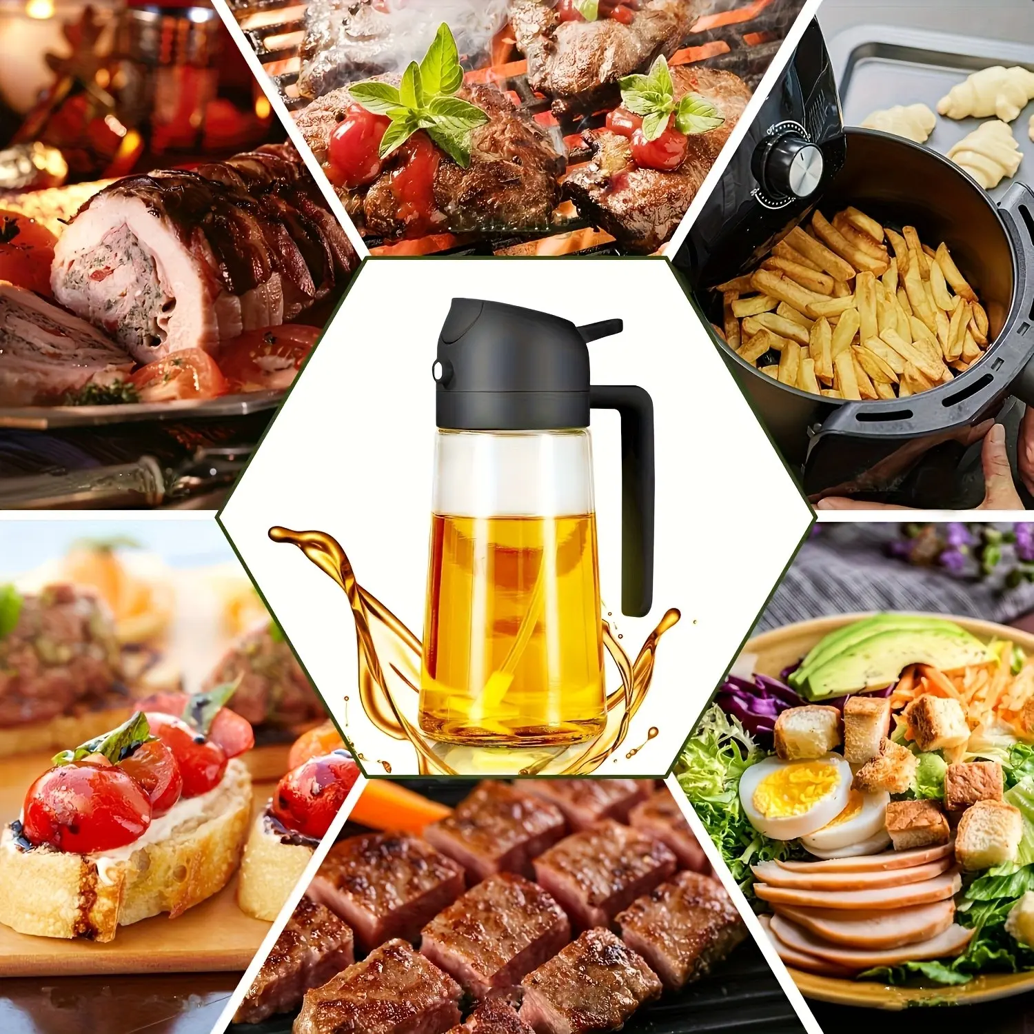 16oz Glass Oil Sprayer Bottle, 470ML Olive Oil Spray, 2-In-1 Kitchen Tool, Square Design, Cap, Hand Wash Only, No PVC, Glass Oil Dispenser, Cooking Oil Container, Kitchenware