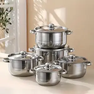 Five-piece kitchen set (including lid) - deep soup/hot pot pot suitable for induction cooker and gas stove, binaural pot can be boiled, stewed and fried, commercial and household dual-use, stackable cookware