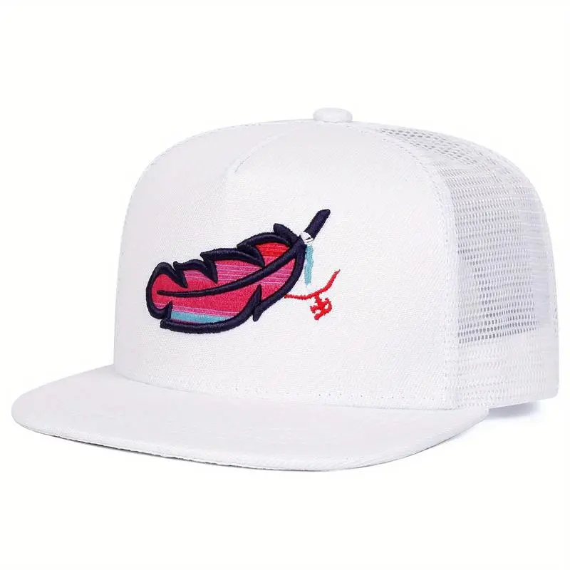 Feather Embroidered Trucker Hat, Unisex Mesh Snapback Cap, Hip Hop Streetwear Baseball Hat, Adjustable Outdoor Sport Travel Hat