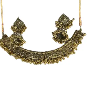 Exquisite Dull Gold Choker with Intricate Jhumkas
