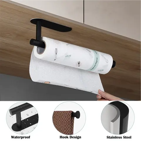 Self-Adhesive Cabinet Under Paper Towel Holder, Tissue Dispenser, Modern Bathroom Accessory, Stainless Steel Storage Rack, Space-Saving Towel and Wrap Organizer for Kitchen and Bathroom