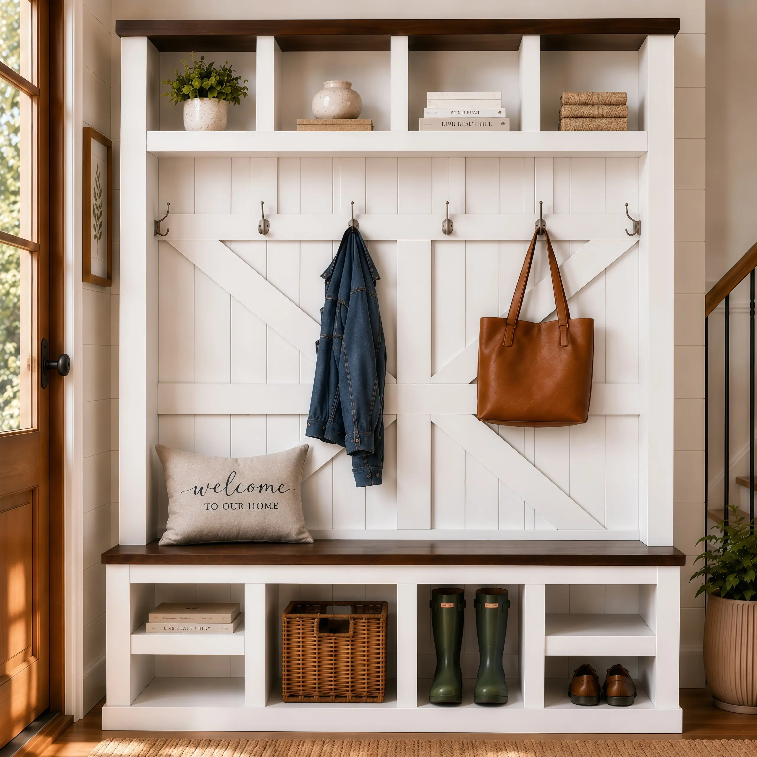 Entryway Organizer with Bench, Shoe Storage, and Coat Hooks – Farmhouse Hall Tree with 6 Double Hooks, 4 Top Cubbies, 4 Bottom Cubbies, Adjustable Shelves for Mudroom, Hallway, Living Room