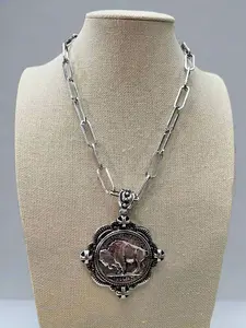 Western Faux Statement size Buffalo Coin Necklace & Earring Set - 18 inch + 3