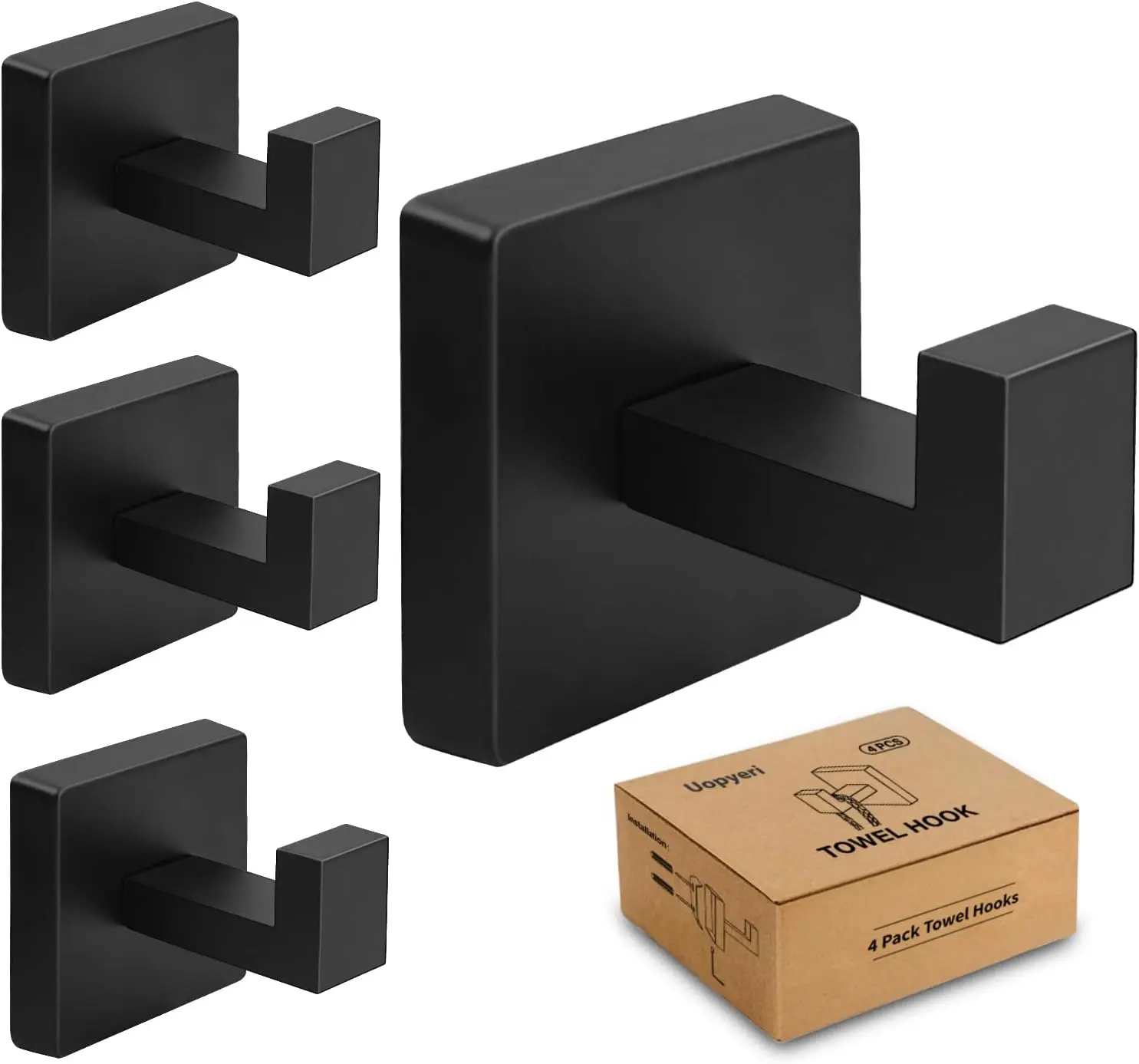 4-Pack Matte Black Square Wall Hooks - Heavy-Duty Stainless Steel Contemporary Hooks for Bathrooms, Kitchens, Bedrooms - Closets & Living Rooms Storage Holder for Towels, Robes, Coats, Bags, Hats