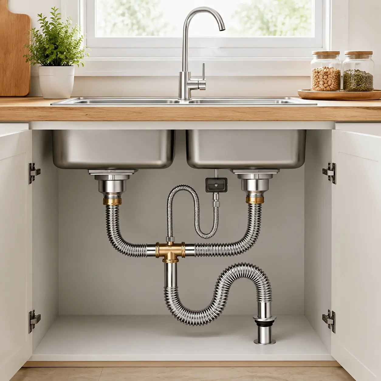 Leak Proof & Odor Free Double Kitchen Sink Drain Assembly, 304 Stainless Steel Flexible Drain Pipe Kit with Brass Fittings, Easy DIY Install for Home Kitchen Renovation & Replacement