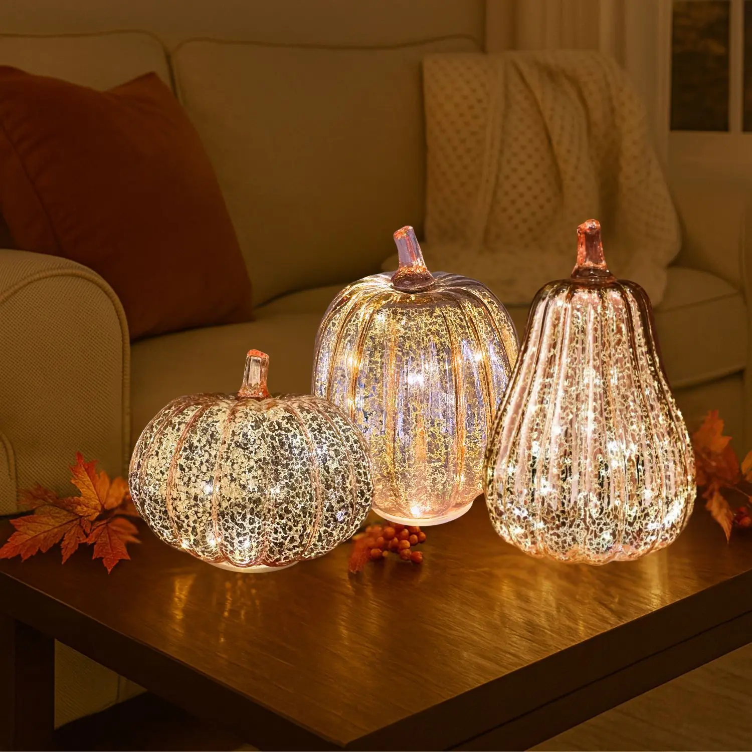 Modern Rose Gold Glass Pumpkin Lantern - LED-Illuminated Party & Birthday Decor with Timed Light, Ideal for Travel Commemoration & Other Festive Occasions, Timed Led Light