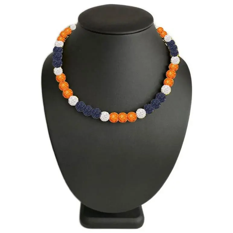 Iced Bling Disco Ball Rhinestone Crystal Bead Baseball Necklace Navy Orange White