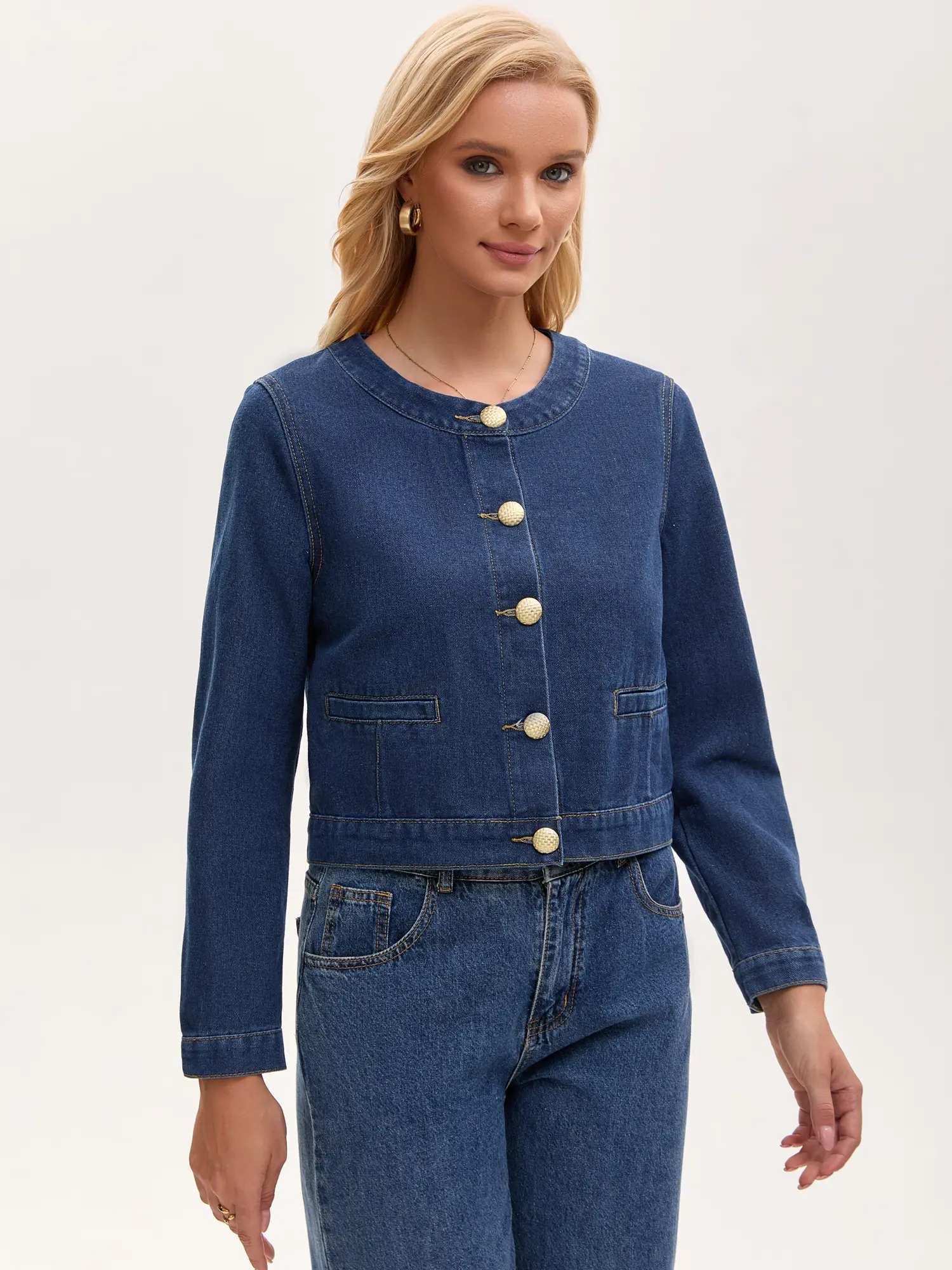 INSPIRE CHIC Women's Collarless Denim Jacket Long Sleeve Button Down Jean Jackets
