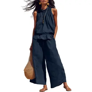 Women's Linen Two-Piece Set Sleeveless Ruffle Top Wide-Leg Pants Summer Casual Wear Beach Travel Outfit