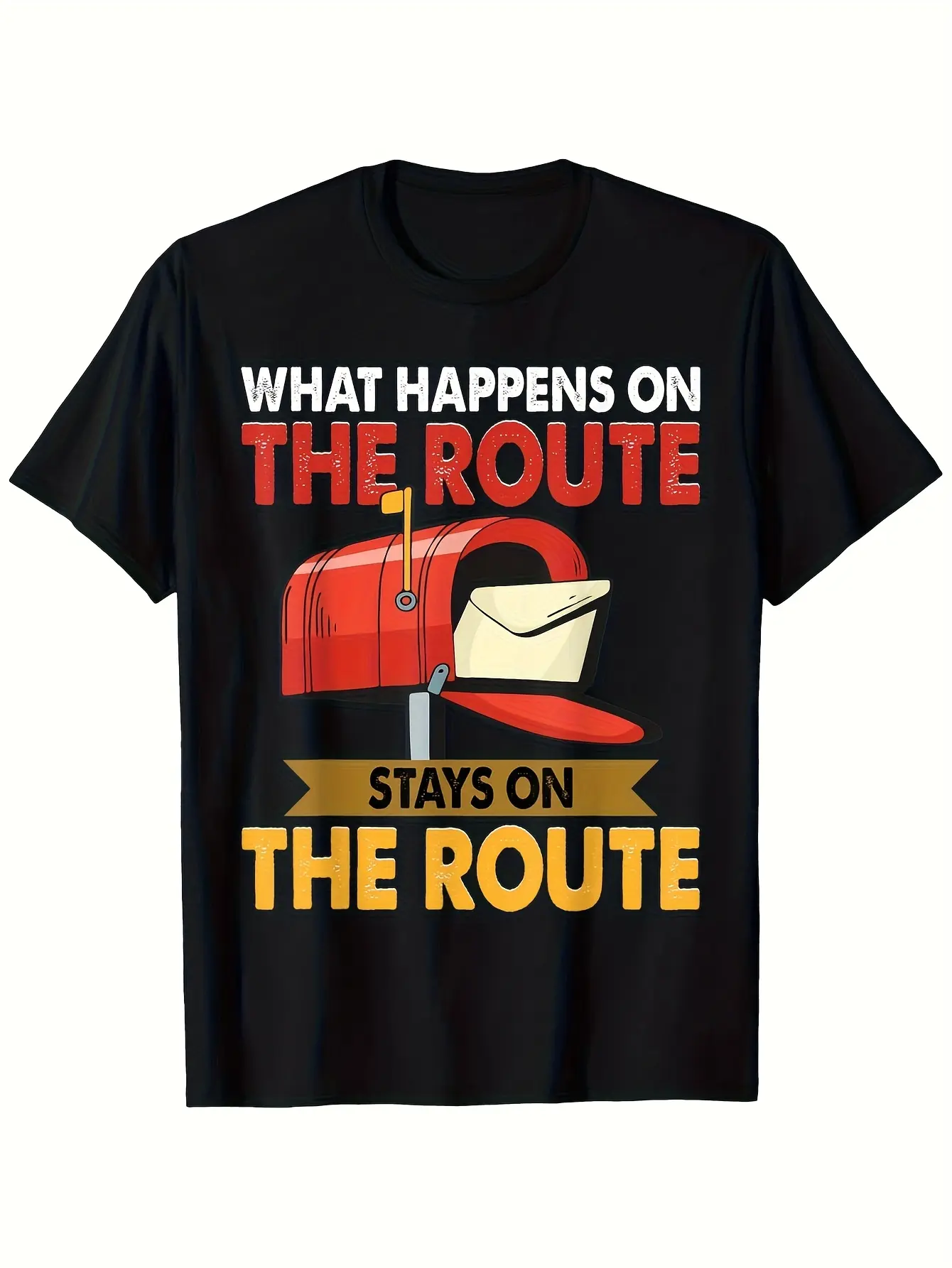 Postal Worker T-Shirt _What Happens On The Route S unisex soft cotton short sleeve t shirt, vintage graphic casual tee for men women teens, perfect birthday holiday gift for camping travel gym daily street  wear