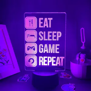 EAT SLEEP GAME REPEAT Neon Lamp - LED Sensor Lights for Kids Bedroom Night Light Bedside Decor