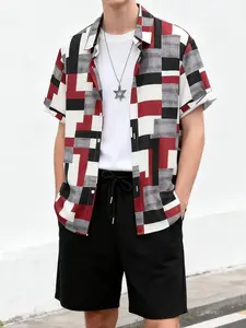 Men's Red Black Geometric Print 2-Piece Loungewear Set - Short Sleeve Camp Collar Shirt & Solid Black Drawstring Shorts, Soft Breathable Fabric, Relaxed Fit for At-Home Lounging, Lazy Weekends & Casual Evenings, Homewear, Pajama Set, Menswear, Pjs