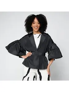 Mrs The Label By Megan Renee Megan Renee Belted Trench with Flounced Ruffle Sleeves